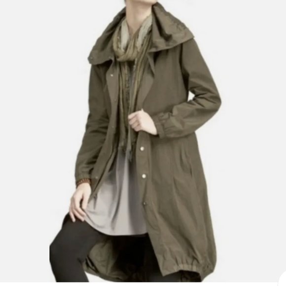 Eileen Fisher Bubble Hem Funnel Neck Belted Trench Coat Jacket Olive Size XS - Picture 2 of 13